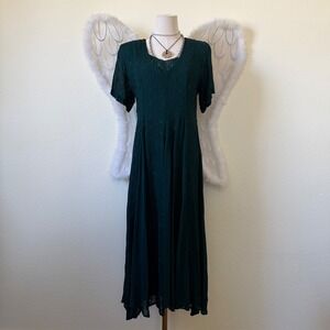 Whimsygoth Dark Green Rayon Embroidered Maxi Dress Short Sleeve Lace V-Neck 90s